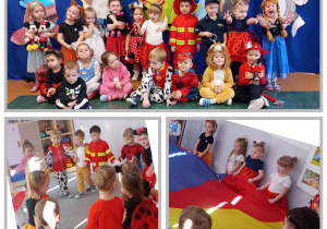 Kolaż prezentujący dzieci z grupy Biedronki w trakcie zabaw z okazji Dnia Postaci z Bajek.