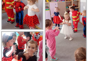Kolaż prezentujący dzieci w trakcje zabaw muzyczno – ruchowych.