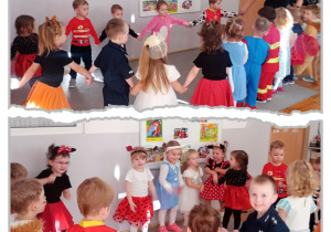 Kolaż prezentujący dwa zdjęcia, na których przedszkolaki będąc w kole wspólnie tańczą.