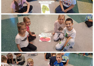 Dzieci siedzą na dywanie przy ułożonych obrazkach i odpowiadających im sylabach.