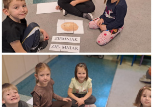 Dzieci siedzą na dywanie, przed sobą mają ułożone obrazki i ich sylaby.