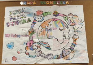 Tablica przedstawiająca prace plastyczne grupy czterolatków.