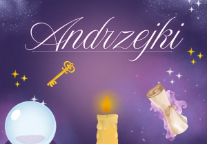 Grafika przedstawia napis Andrzejki oraz typowe elementy dekoracyjne