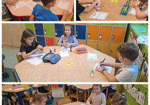 Dzieci z grupy „Motylki” wykonują pracę plastyczną przedstawiającą misia.