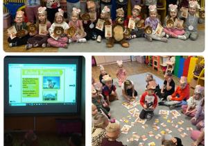 Kolaż zdjęć przedstawiający dzieci z grupy Żabki podczas Dnia Pluszowego Misia.