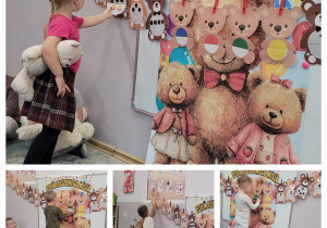 Kolaż zdjęć dzieci siedzących na dywanie i przypinających odpowiednie elementy do misiów .