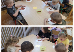 Kolaż, na którym widać dzieci przy stoliku wykonujących pracę plastyczną.