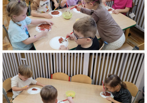 Kolaż, na którym widać dzieci przy stoliku wykonujących pracę plastyczną.