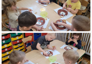 Kolaż, na którym widać dzieci przy stoliku przyklejających na talerzyk części misia.