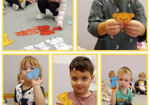 Kolaż prezentujący dzieci segregujące papierowe misie ze względu na kolor i wielkość.