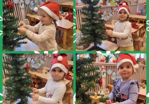 Kolaż zdjęć dzieci ubierających choinkę