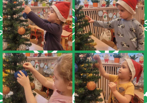 Kolaż zdjęć dzieci ubierających choinkę