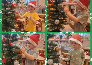 Kolaż zdjęć dzieci ubierających choinkę