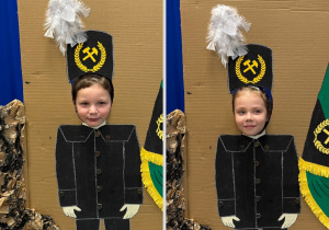 Kolaż przedstawia Smerfy pozujące z tłem z okazji Barbórki