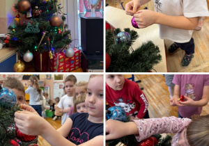 Kolaż przedstawia Smerfy ubierające choinkę