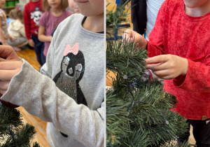 Kolaż przedstawia Smerfy ubierające choinkę