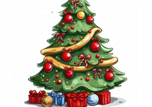 Zdjęcie choinki z napisem „Ubieranie choinki w Słoneczkach”.