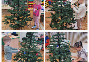 Kolaż zdjęć dzieci podczas ubierania choinki.