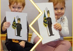 Kolaż zdjęć, na których dzieci trzymają ilustracje z górnikami w strojach ochronnych.