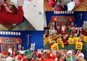 Kolaż przedstawiający grupę Misie podczas spotkania z Mikołajem.