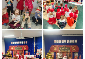 Kolaż zdjęć dzieci z grupy Słoneczka ze spotkania z Mikołajem.