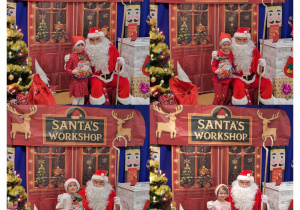 Kolaż zdjęć przedstawiający dzieci pozujące do zdjęcia z Mikołajem.