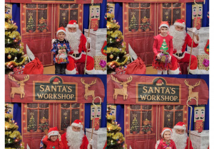 Kolaż zdjęć przedstawiający dzieci pozujące do zdjęcia z Mikołajem.