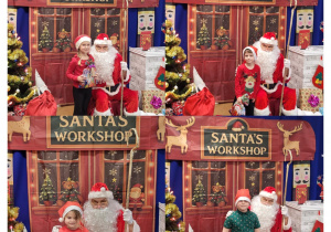 Kolaż zdjęć przedstawiający dzieci pozujące do zdjęcia z Mikołajem.