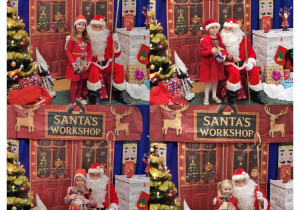 Kolaż zdjęć przedstawiający dzieci pozujące do zdjęcia z Mikołajem.