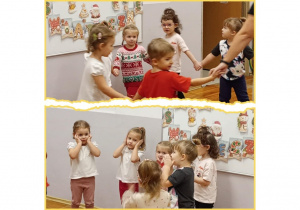 Kolaż dwóch zdjęć, na którym dzieci tańczą i śpiewają piosenkę.