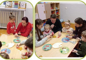 Kolaż dwóch zdjęć, na których rodzice z dziećmi ozdabiają piankowe wzory.