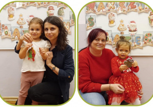 Kolaż – zdjęcia dwóch mam i córek prezentujących wykonane ozdoby na choinkę.