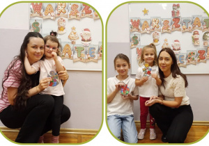 Kolaż dwóch zdjęć prezentujących rodziców z dziećmi prezentującymi wykonane piankowe ozdoby.