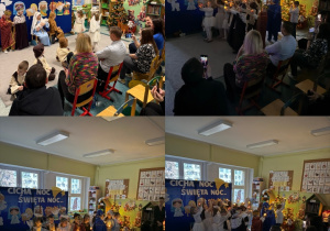 Kolaż przedstawia dzieci występujące przed rodzicami i gośćmi