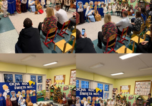 Kolaż przedstawia dzieci występujące przed rodzicami i gośćmi