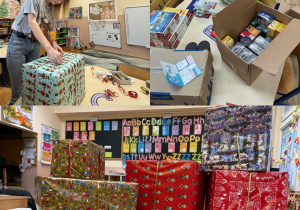 Kolaż przedstawia paczki w trakcie pakowania oraz finalnie zapakowane prezenty z darów pozyskanych w ramach akcji