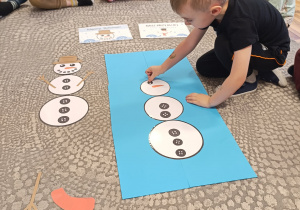 Dzieci układają bałwana z przygotowanych elementów.