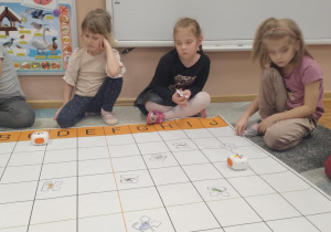 Na zdjęciu widzimy dziewczynki siedzące na dywanie które zastanawiają się ja zakodować robota aby dotarł do wybranego obrazka.