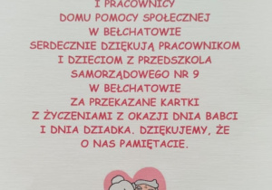 Podziękowanie dla pracowników i dzieci od mieszkańców, dyrekcji i pracowników DPS.