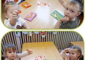 5.Kolaż dwóch zdjęć, na którym dzieci z grupy Biedronki wykonają laurki dla pensjonariuszy.