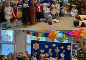 Dzieci w strojach i z rekwizytami występują dla swoich dziadków w występie artystycznym