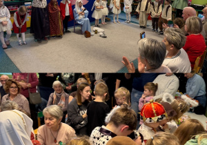 Dzieci w strojach i z rekwizytami występują dla swoich dziadków w występie artystycznym