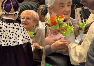 Dzieci wręczają upominki swoim babciom i dziadkom, którzy są szczęśliwi i dumni