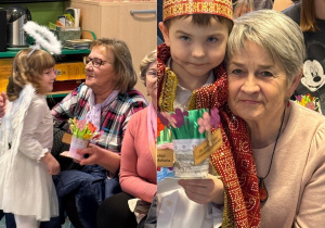 Dzieci wręczają upominki swoim babciom i dziadkom, którzy są szczęśliwi i dumni