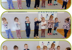 Kolaż trzech zdjęć, na których dzieci określają położenie papierowej kuli względem ich ciała.