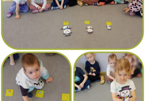 Kolaż zdjęć, na którym dzieci segregują bałwany od najmniejszego do największego.