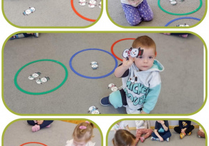 Kolaż – przedszkolaki segregują bałwany ze względu na ich kolor.