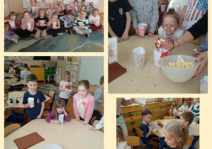 Kolaż przedstawia dzieci z grupy Smerfy podczas Dnia Popcornu.