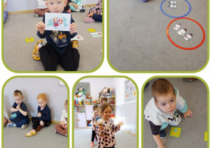 Kolaż przedstawiający dzieci z grupy „Biedronki” w trakcie zabaw matematycznych i ruchowych z okazji Dnia Bałwanka.