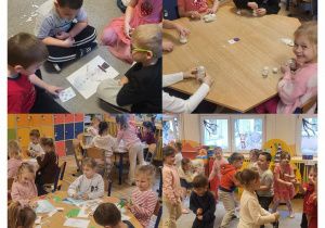 Kolaż zdjęć przedstawiający dzieci z grupy „Żabki” podczas zabaw z okazji Dnia Bałwanka.